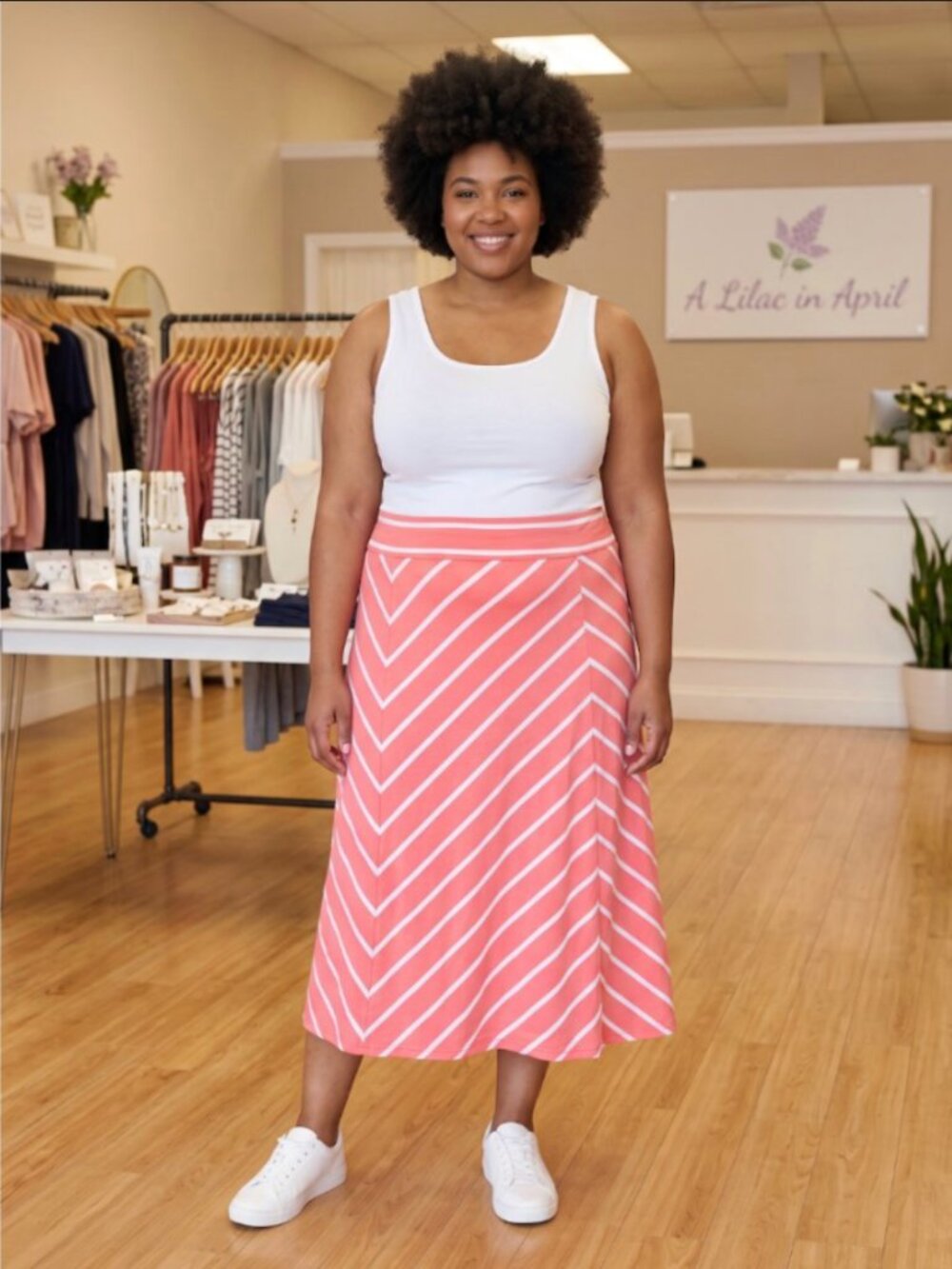 Faded Glory Coral & White Striped Midi Skirt